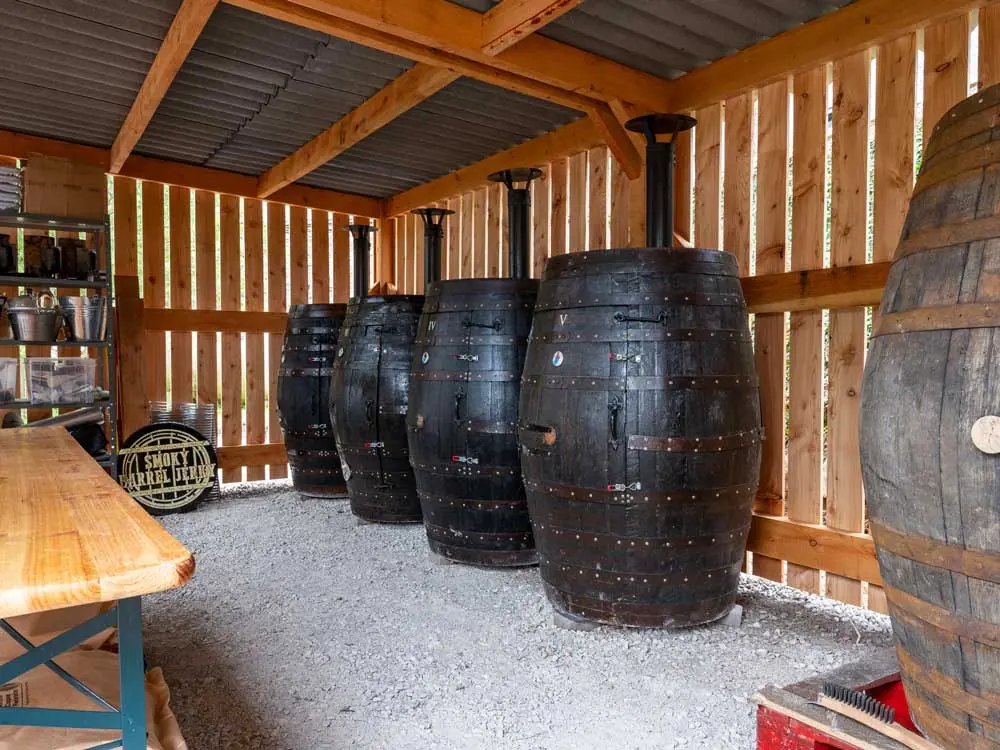 Covered outdoor area with beer barrels