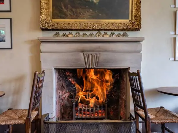 An open fire in the bar at The Derby Arms