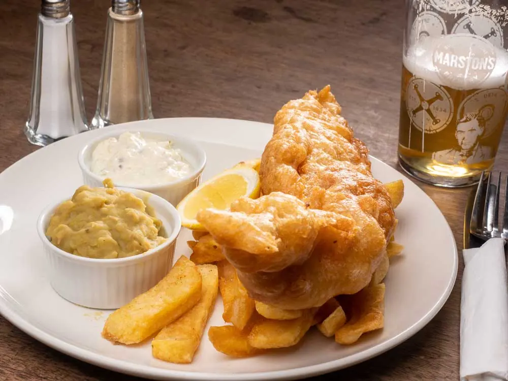 Fish and chips with mushy peas